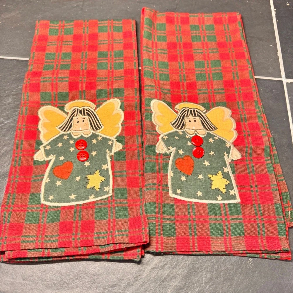 Christmas Kitchen Towels Set of 2‎ Red Green Plaid Angel Applique Handcrafted